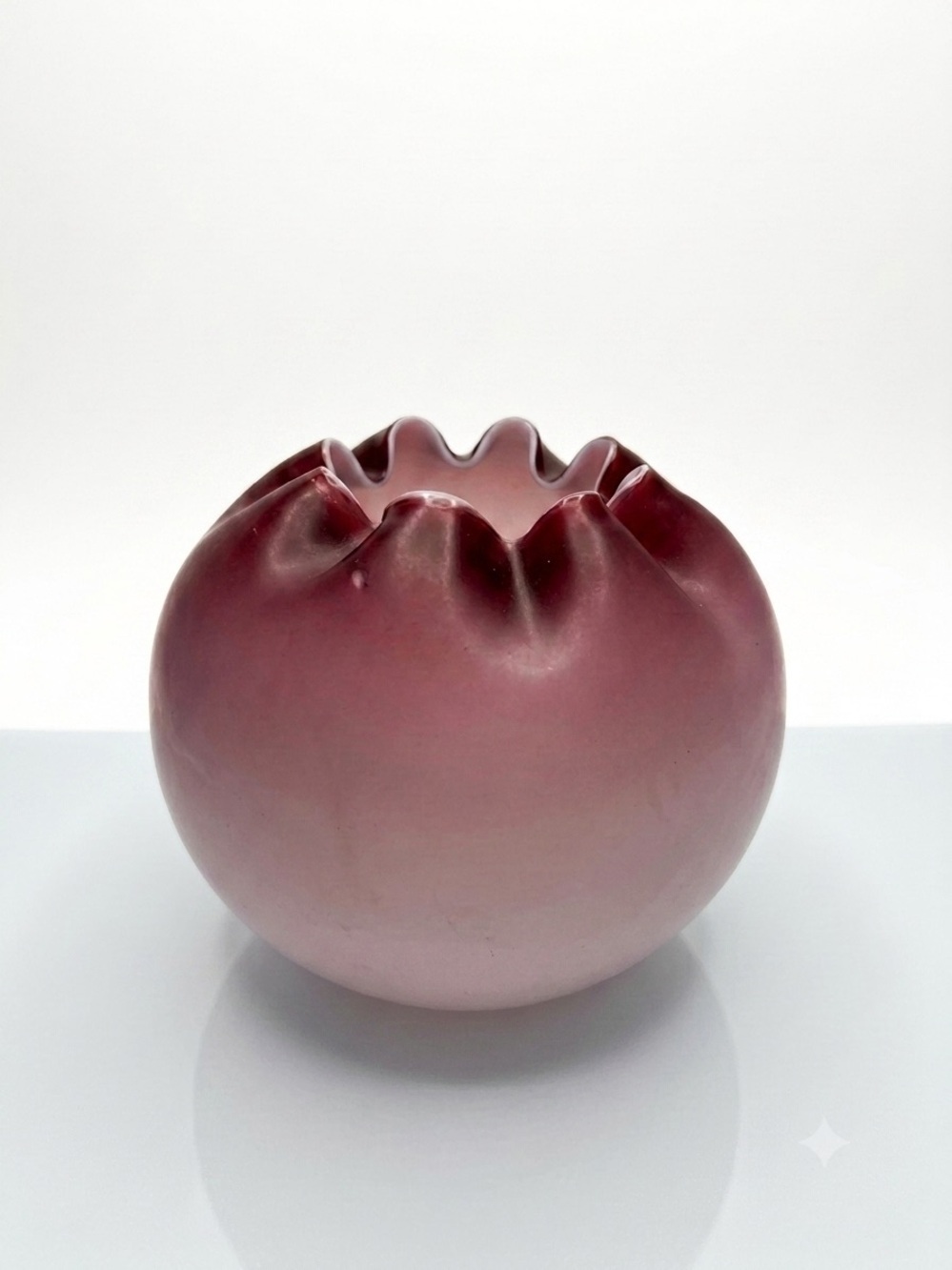 Vintage Satin Glass Rose Bowl - Red to Pink Crimped Top